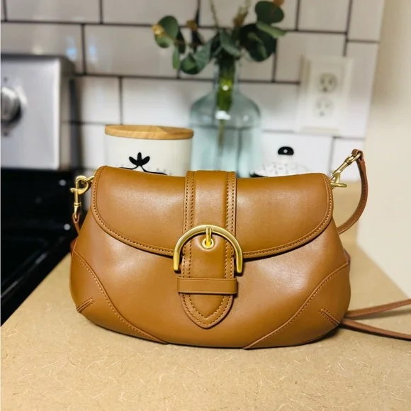 Cognac Leather Crossbody Purse with Gold Accents - Picture 4 of 5